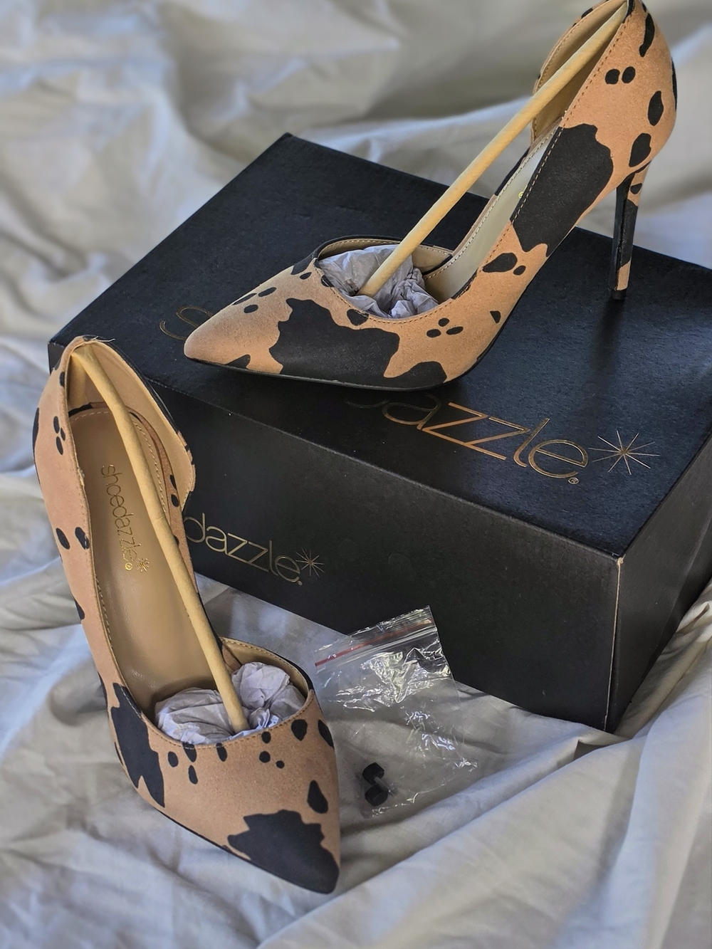 Shoe Dazzle Women's Tan and Black Cow Print Pointed Toe Pumps